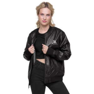 marriott faux leather bomber jacket | threadfast apparel white color logo