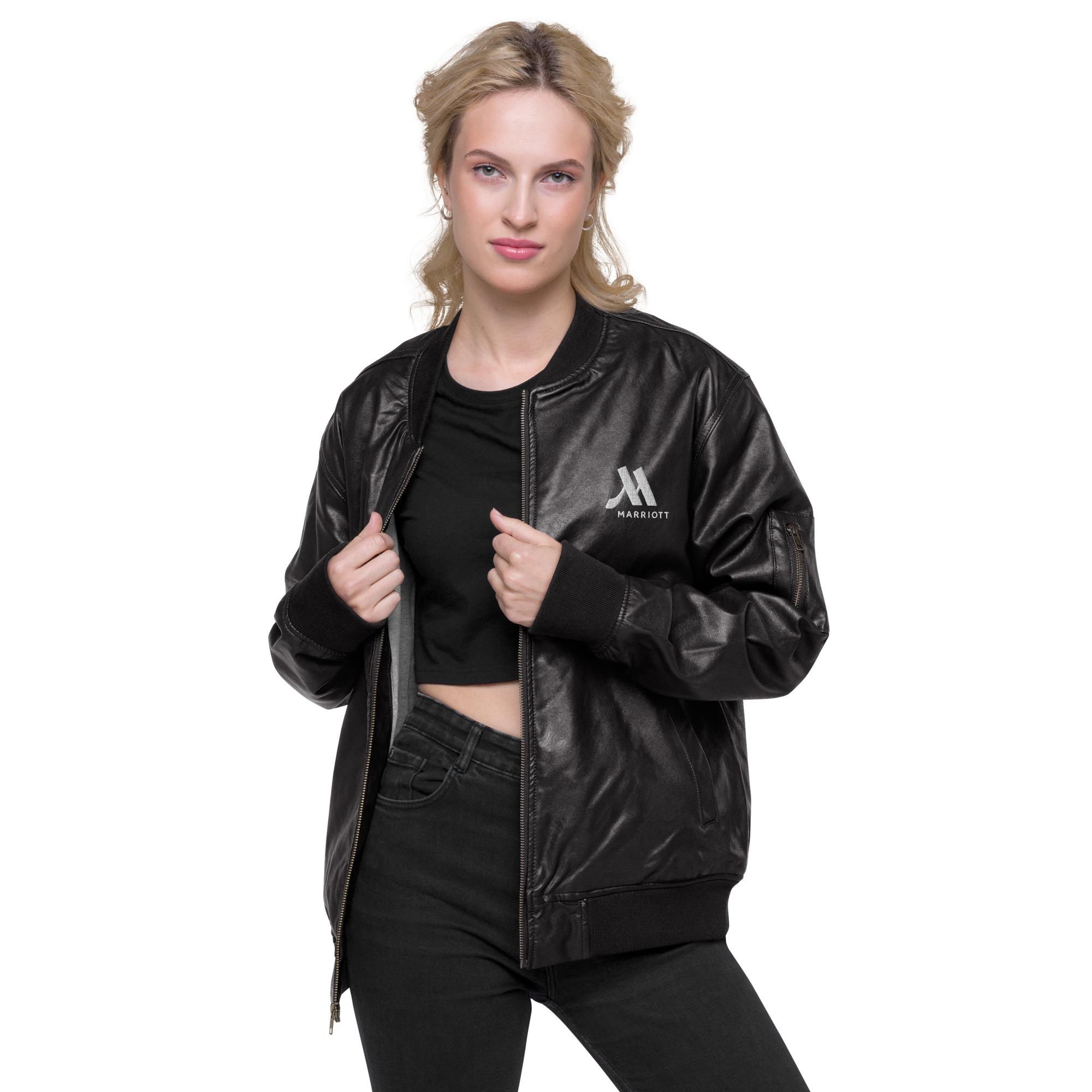 marriott faux leather bomber jacket | threadfast apparel white color logo