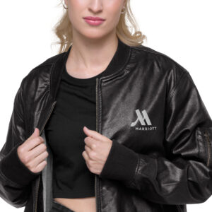 marriott faux leather bomber jacket | threadfast apparel white color logo