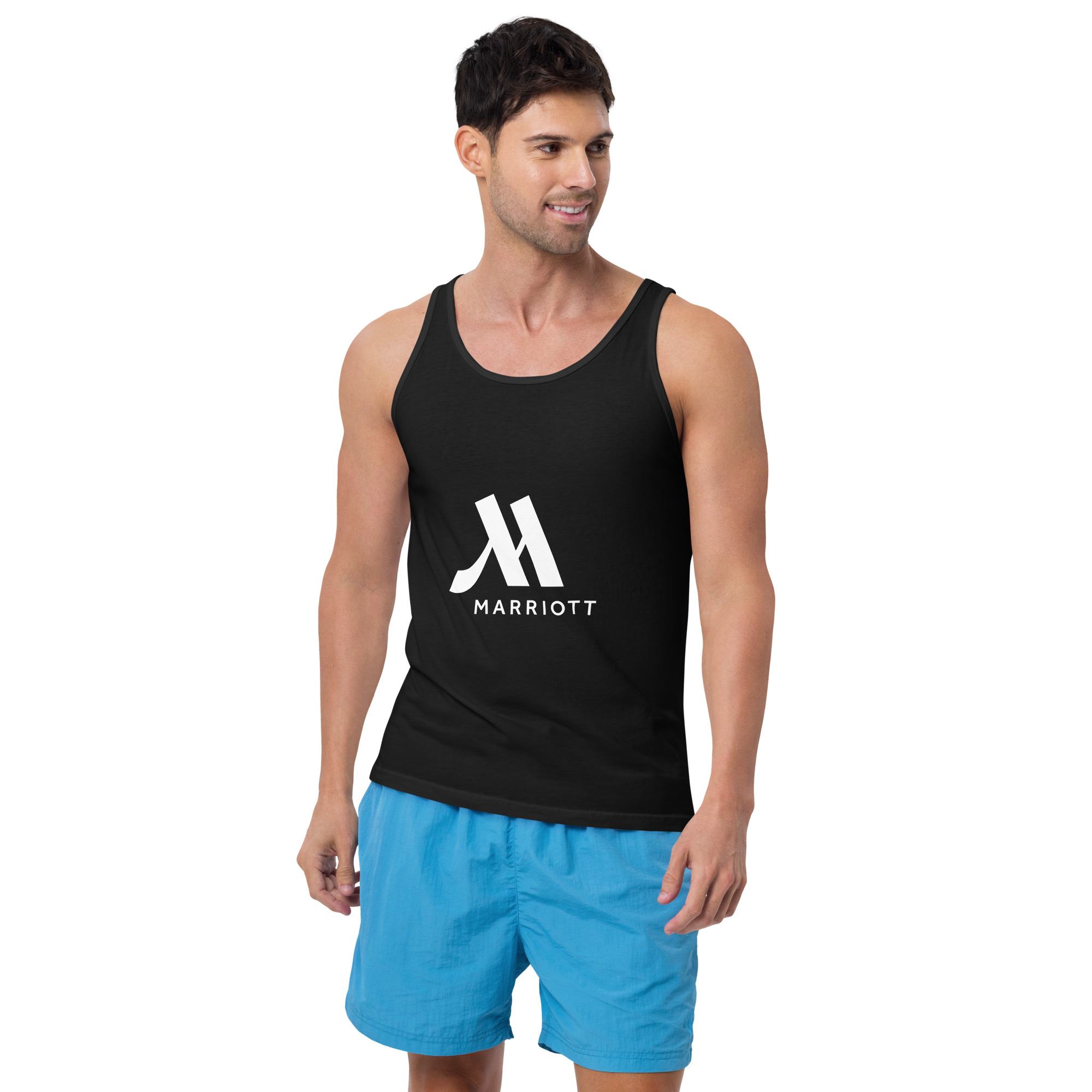 marriott men’s staple tank top | bella + canvas white color logo