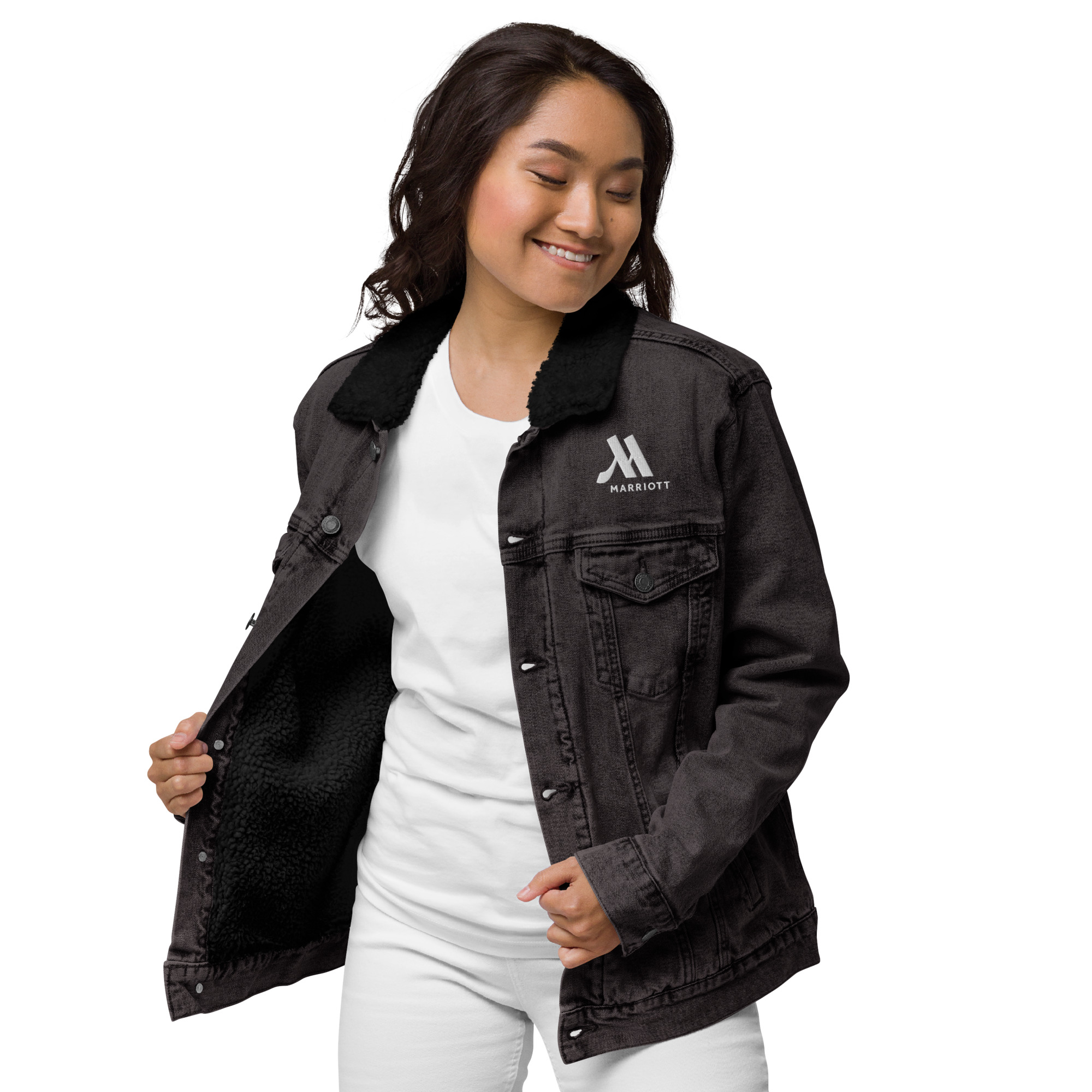 marriott unisex sherpa denim jacket | threadfast apparel white color logo