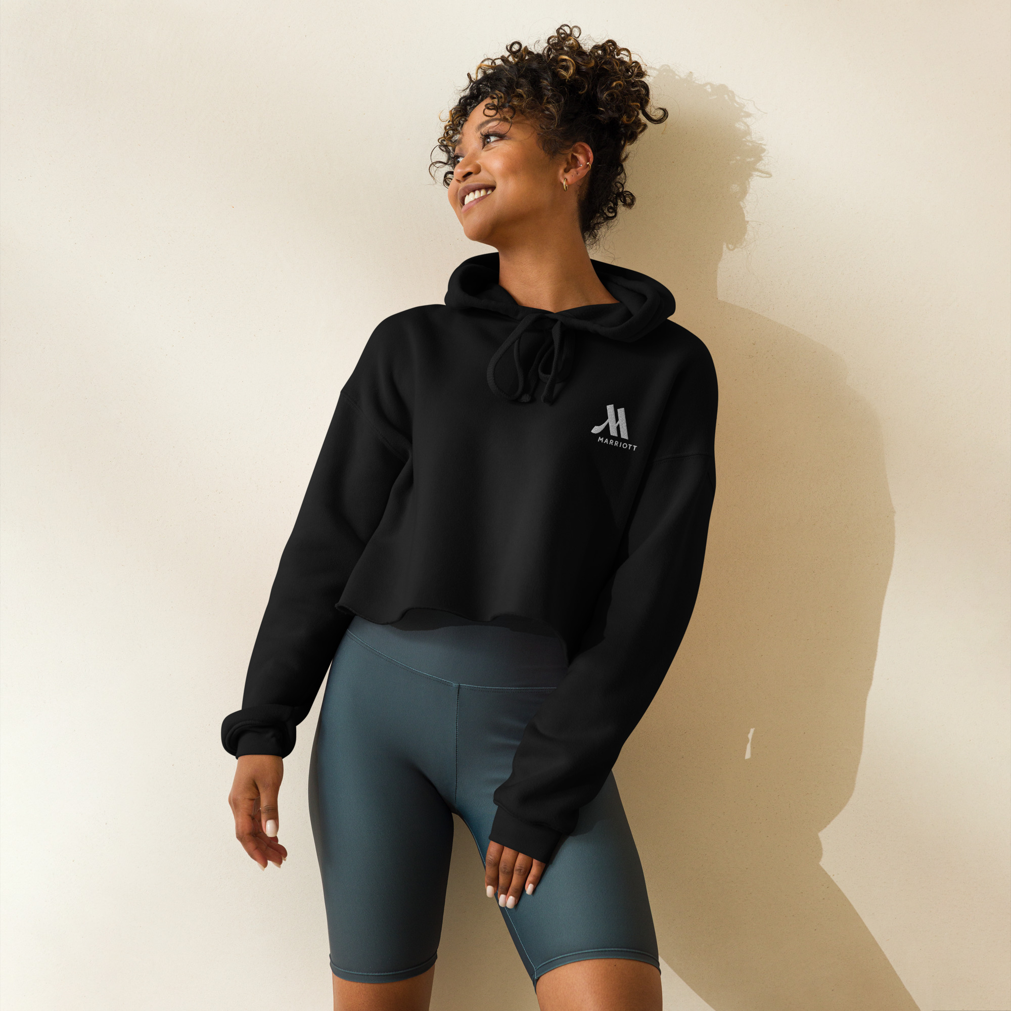 marriott women's cropped hoodie | bella + canvas white color logo