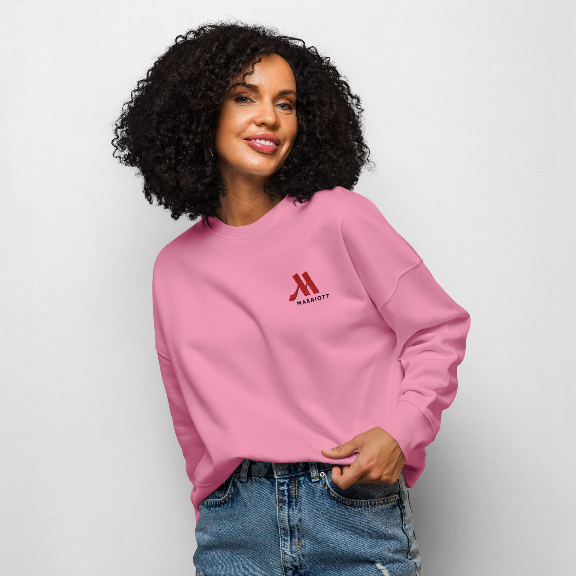marriott women's organic crew neck sweatshirt full color logo