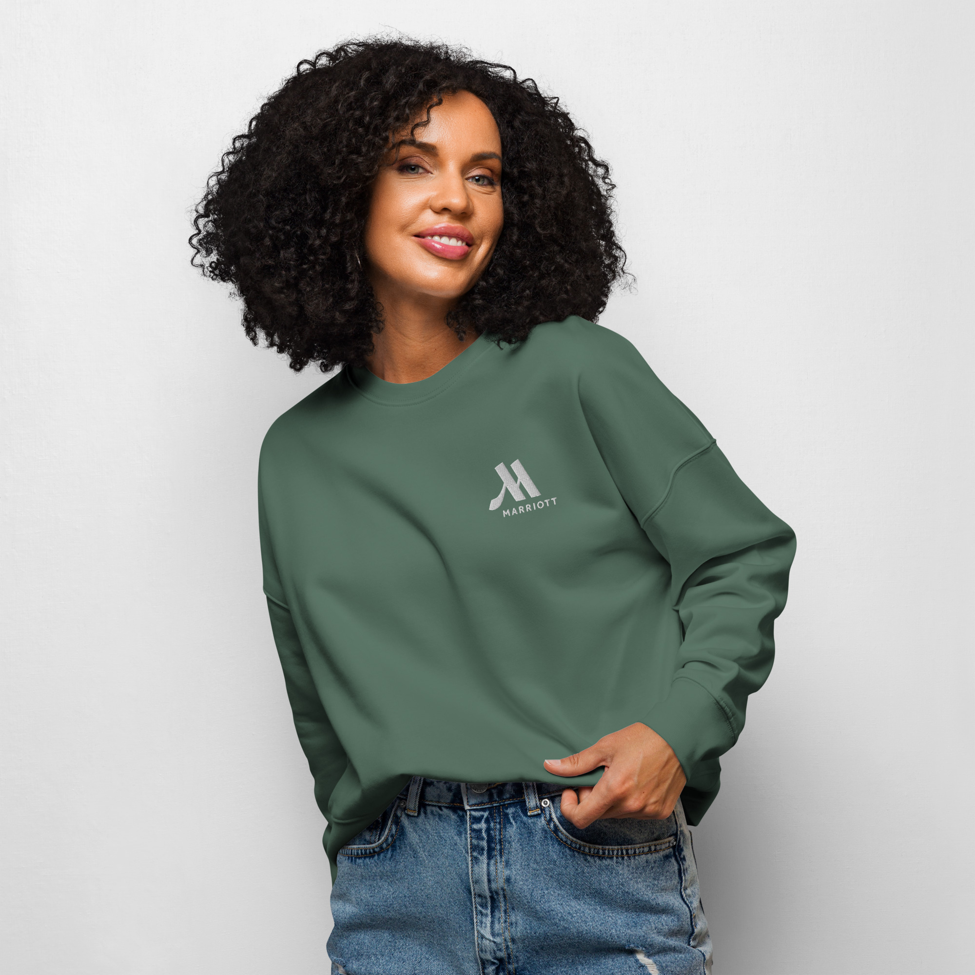 marriott women's organic crew neck sweatshirt white color logo