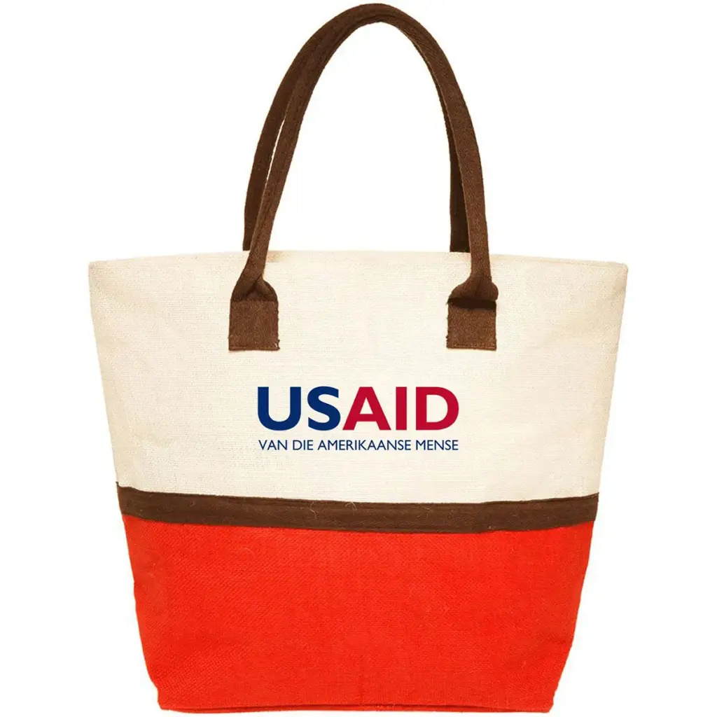 USAID Afrikaans - Two-Tone Jute Beach Tote Bags (17.5"x13.5")