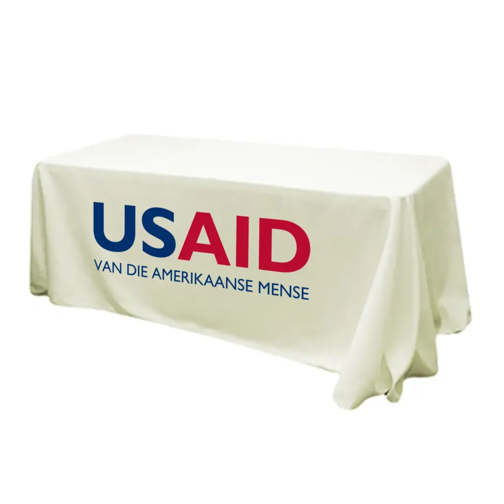 USAID Afrikaans - 6' Fitted Dye Sub Tablecloth (Non Fitted) White