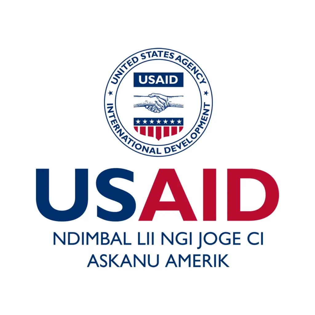 USAID Wolof Decal on White Vinyl Material. Full Color