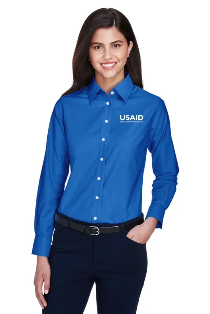 usaid dagbani harriton ladies long sleeve oxford with stain release