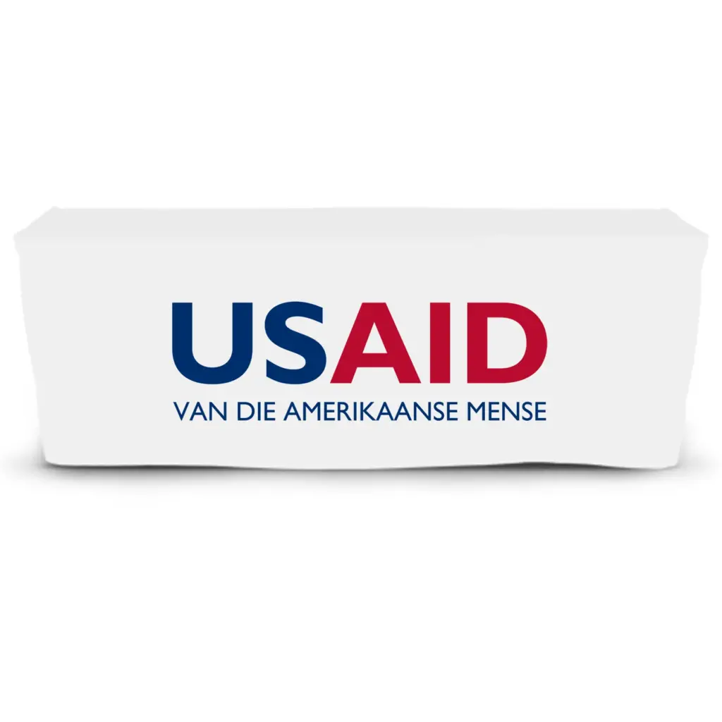 USAID Afrikaans - 6' Fitted Dye Sub Tablecloth  White