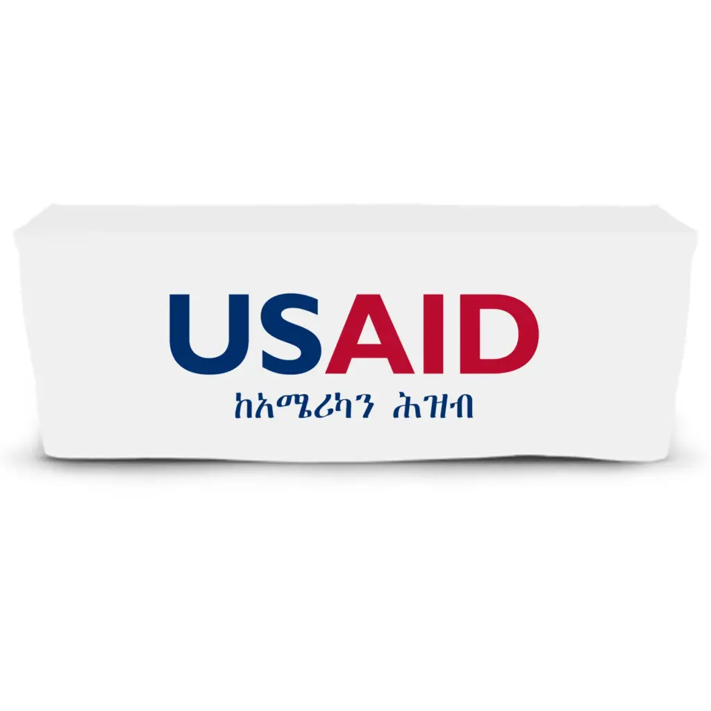 USAID Amharic - 6' Fitted Dye Sub Tablecloth  White