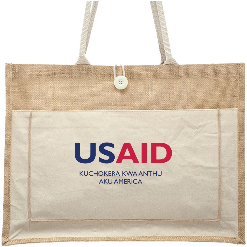 USAID Chichewa - Cotton Pocket Jute Tote Bags (17.75"x13.75")