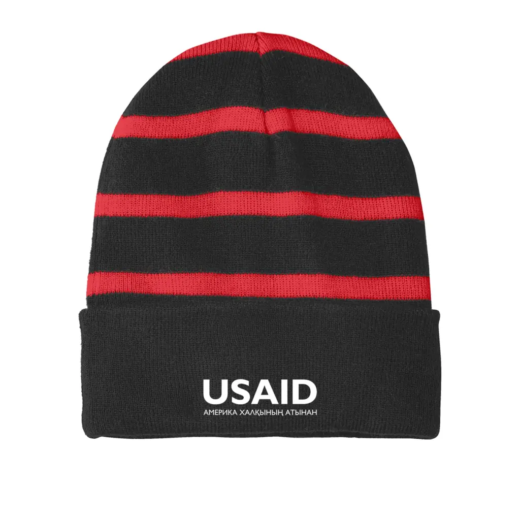 USAID Kazakh - Embroidered Sport-Tek Striped Beanie w/Solid Band