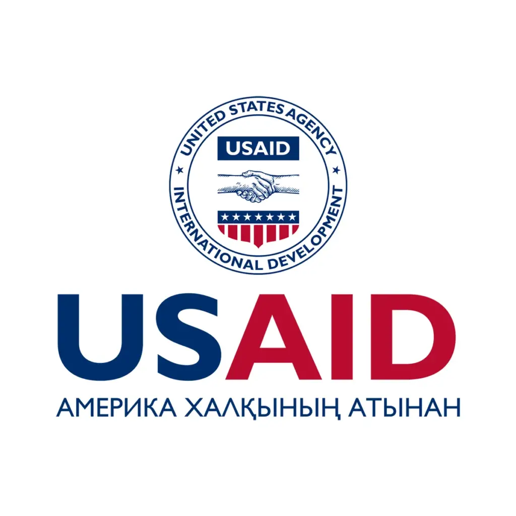 USAID Kazakh Decal on White Vinyl Material. Full Color