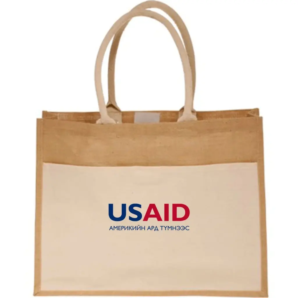 USAID Mongolian - Canvas Pocket Jute Tote Bags (17.75"x13.75")