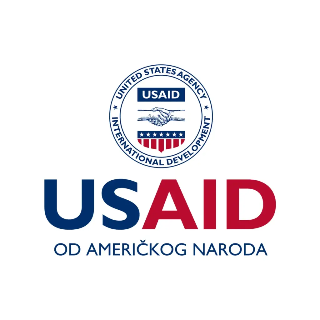 USAID Serbian Decal on White Vinyl Material - (5"x5"). Full Color.