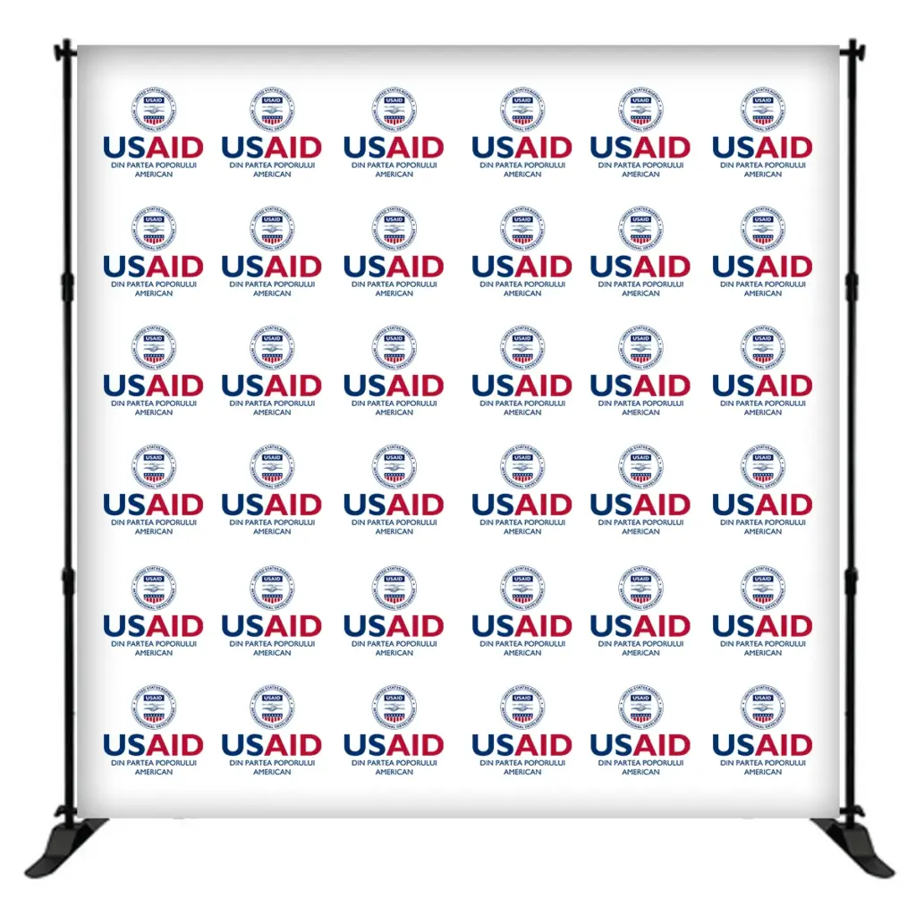 USAID Romanian 8 ft. Slider Banner Stand - 8'h Fabric Graphic Package