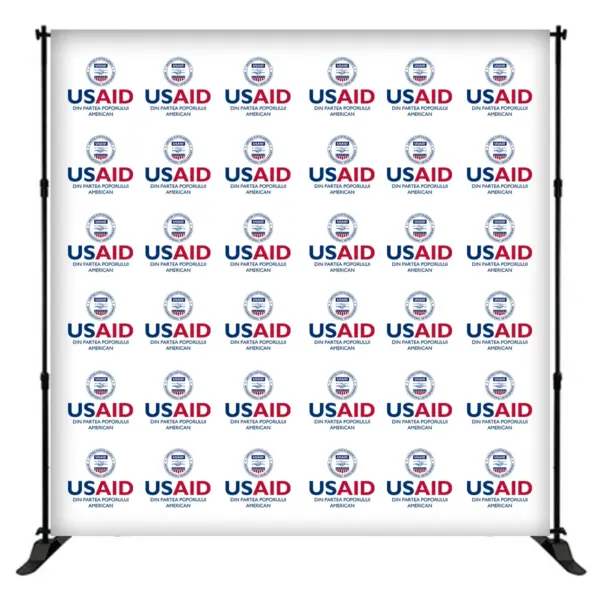 USAID Romanian 8 ft. Slider Banner Stand - 8'h Fabric Graphic Package