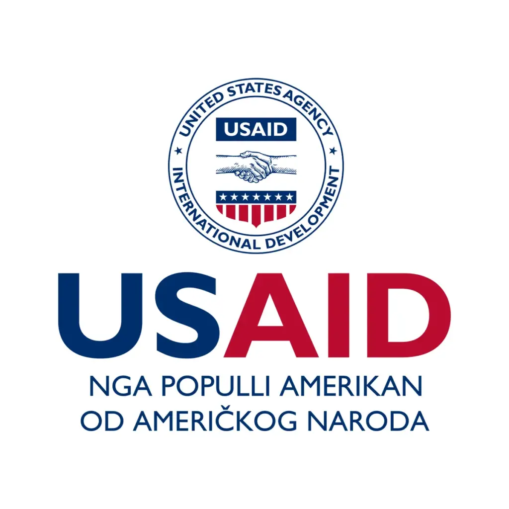 USAID Albanian Decal on White Vinyl Material. Full Color