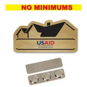 USAID Albanian - Name Badge Custom Shape Brushed Gold Plastic