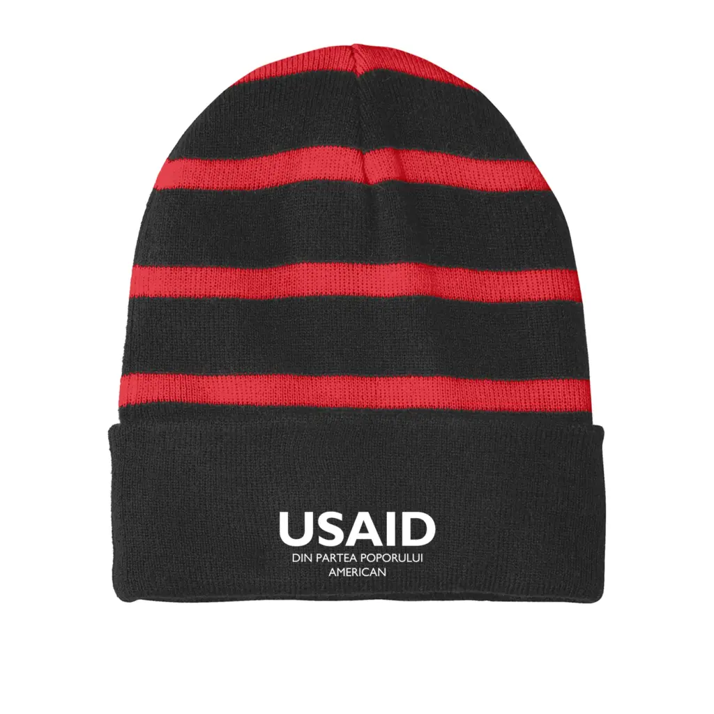 USAID Romanian - Embroidered Sport-Tek Striped Beanie w/Solid Band