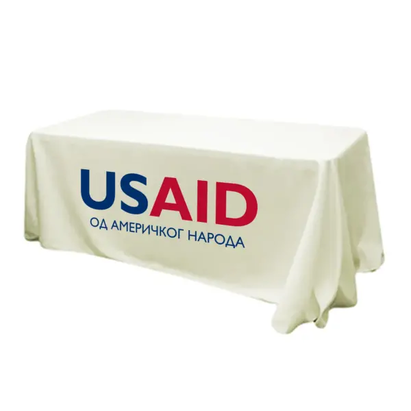 USAID Bosnian Cyrillic - 6' Fitted Dye Sub Tablecloth (Non Fitted) White