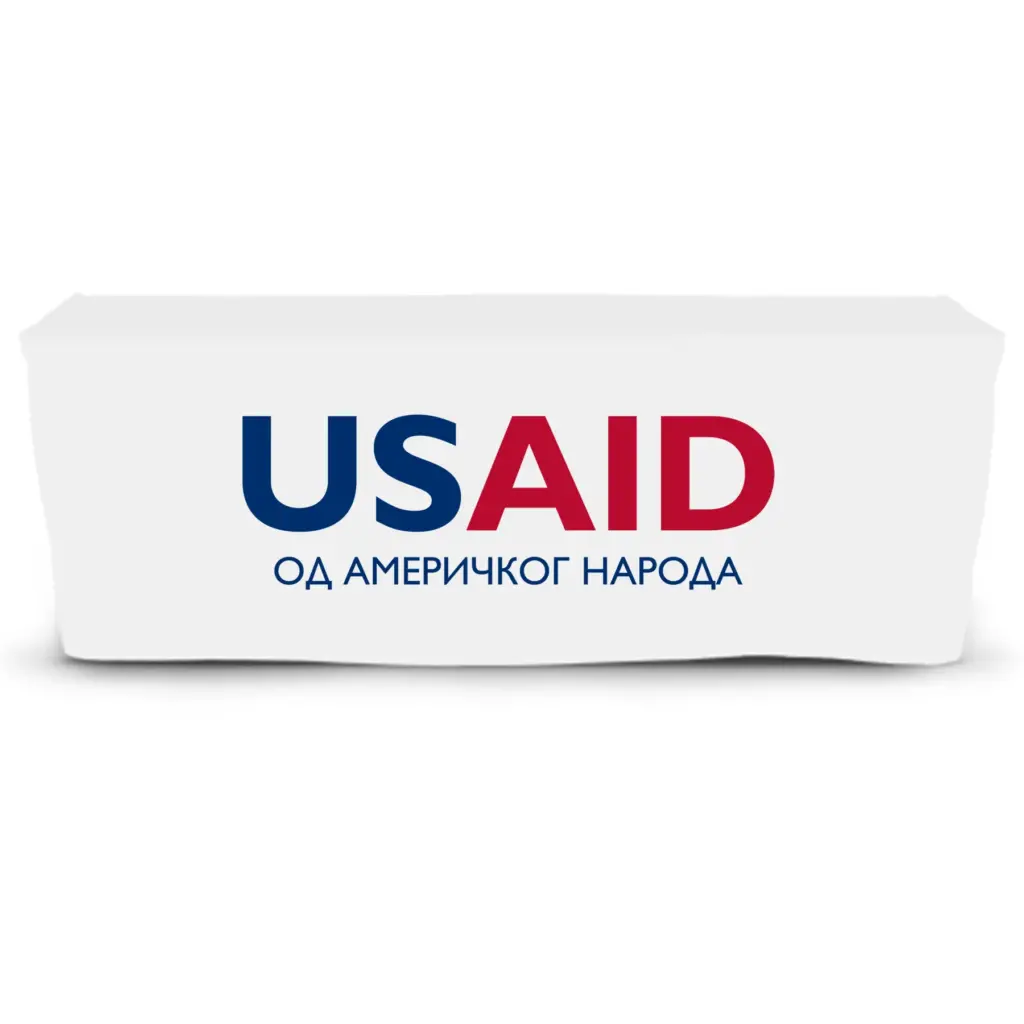 USAID Bosnian Cyrillic - 6' Fitted Dye Sub Tablecloth  White