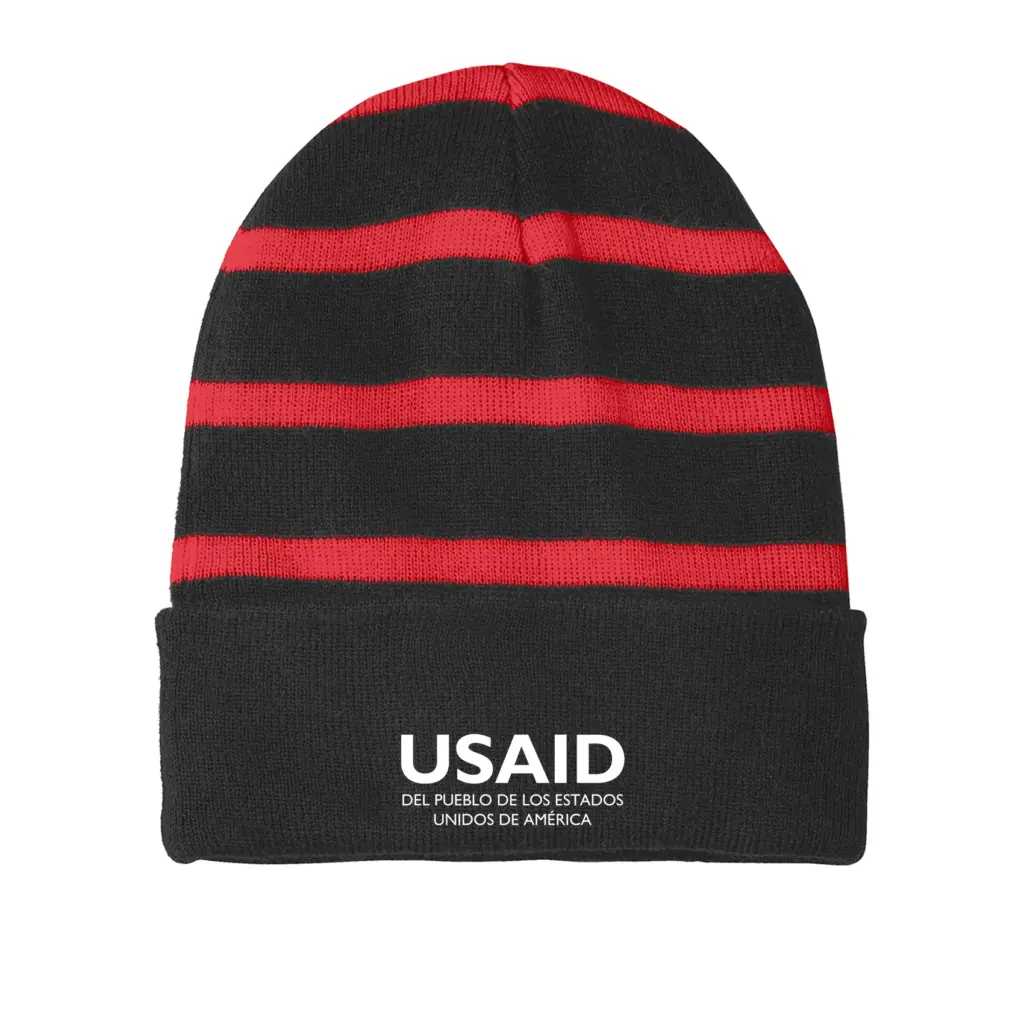 USAID Spanish - Embroidered Sport-Tek Striped Beanie w/Solid Band