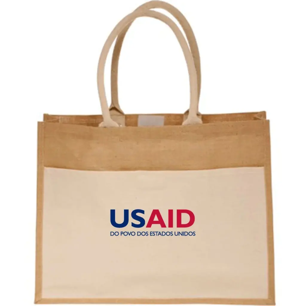 USAID Brazilian Portuguese - Canvas Pocket Jute Tote Bags (17.75"x13.75")
