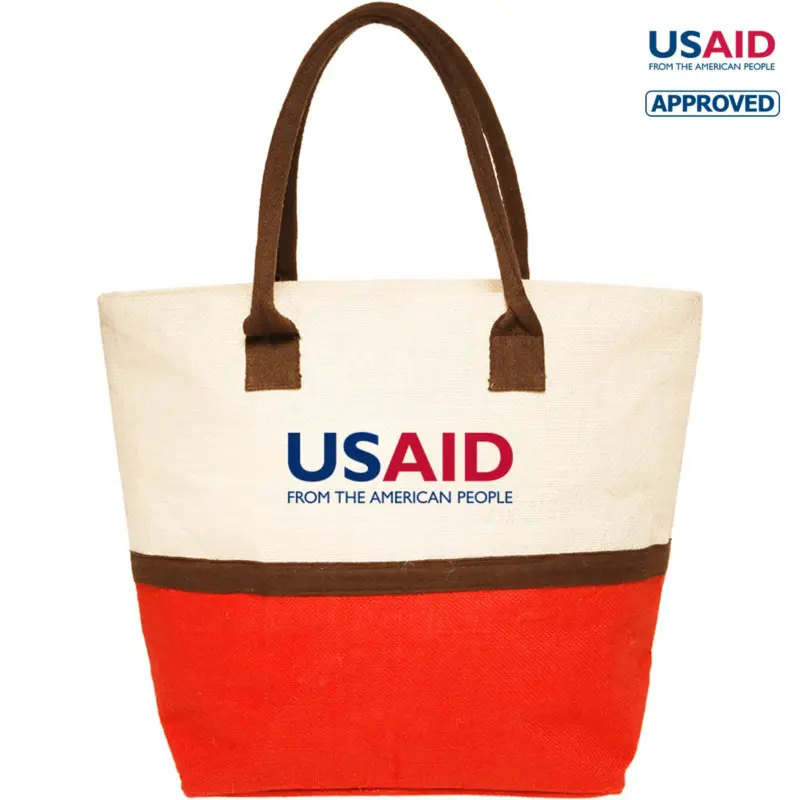 USAID English - Two-Tone Jute Beach Tote Bags (17.5""x13.5"")