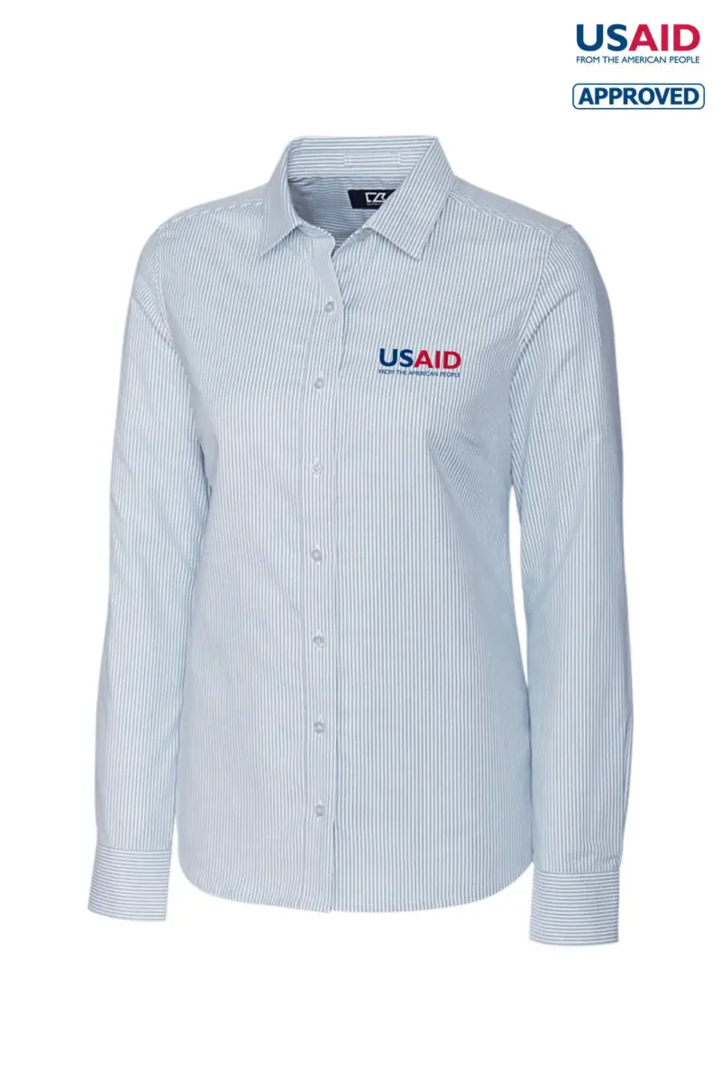 USAID English - Cutter & Buck Stretch Oxford Stripe Womens Long Sleeve Dress Shirt