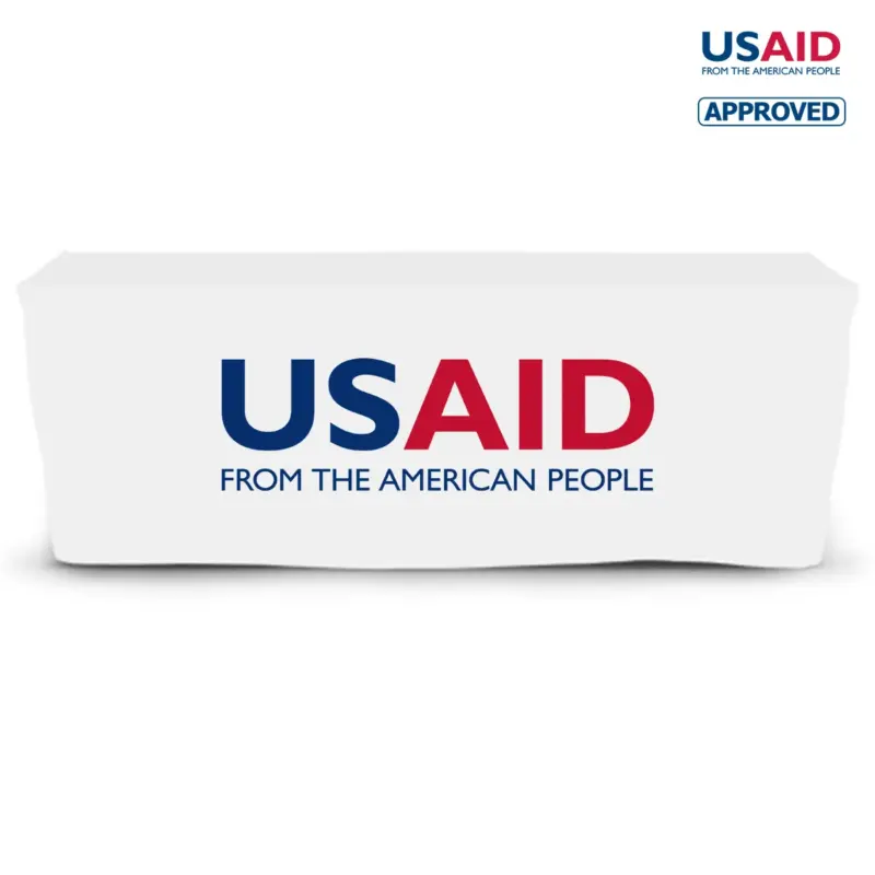 USAID English - 6' Fitted Dye Sub Tablecloth  White